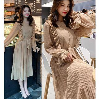Long-sleeve Frill-trim Chiffon Midi Dress