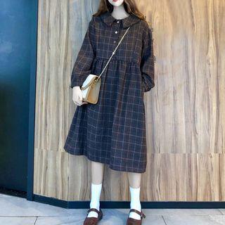 Long-sleeve Plaid Midi Shirtdress Plaid - Coffee - One Size