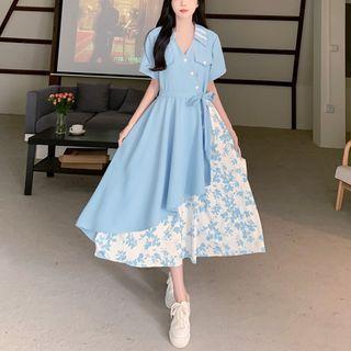 Short-sleeve Mock Two-piece Panel Floral Dress