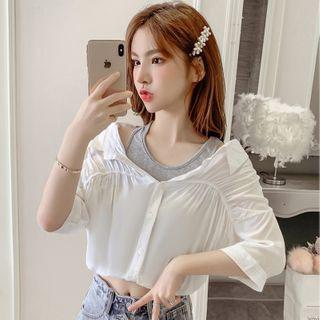 Elbow-sleeve Mock Two-piece Cropped T-shirt
