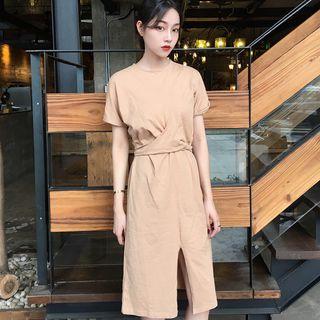 Plain Short-sleeve Front Slit A-line Dress