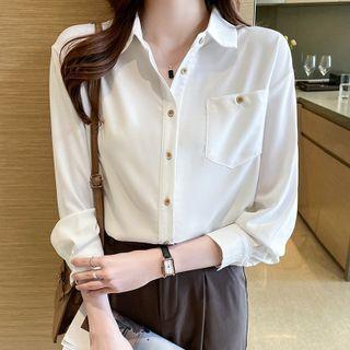 Long-sleeve Plain Draped Pocket Satin Shirt