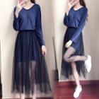 Set: Long-sleeve Velvet Mini Dress + Midi Mesh A-line Skirt