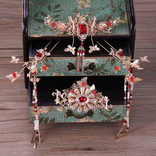 Wedding Set: Traditional Chinese Headpiece + Hair Comb + Dangle Earring Red - One Size