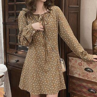 Long-sleeve Tie-neck Floral Print Mini A-line Dress