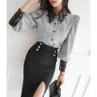 Puff-sleeve Lace-trim Striped Blouse Black - One Size