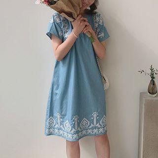 Embroidered Denim Midi Shift Dress Light Blue - One Size