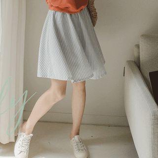 Band-waist Stripe Flare Midi Skirt Sky Blue - One Size