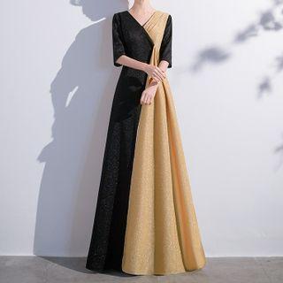 Short-sleeve Two-tone A-line Evening Gown