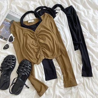 Set: Long-sleeve V-neck Cardigan + Halter Tank Top