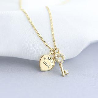 925 Sterling Silver Heart & Key Pendant Necklace 1 Pc - Necklace - One Size