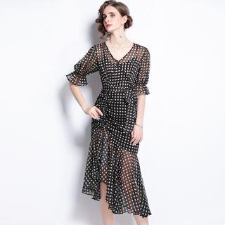 Short-sleeve Midi Sheath Chiffon Dress