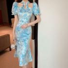 Short-sleeve Floral Cutout Midi Sheath Dress