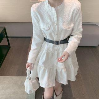 Long-sleeve Ruffle Trim A-line Dress White - One Size