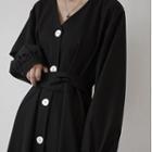V-neck Button Midi A-line Dress Black - One Size