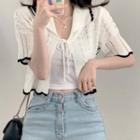 Short Sleeve Tie-front Collared Knit Top