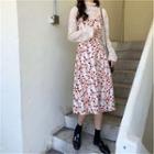 Long-sleeve Lace Top / Spaghetti Strap Floral Print Dress