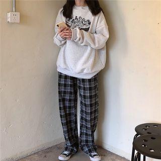Cartoon Print Pullover / Plaid Wide-leg Pants