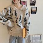 Leaf Print Collared Sweater Black - One Size