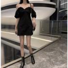 Cold-shoulder Rhinestone Strap A-line Dress Black - One Size