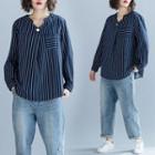 Pocket Detail Striped Blouse As Shown In Figure - One Size