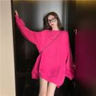 Plain Long-sleeve Loose-fit Pullover Rose Pink - One Size