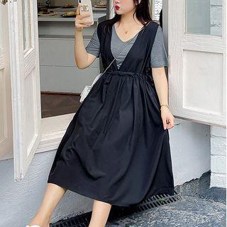 Set: V-neck T-shirt + Drawstring Midi A-line Overall Dress