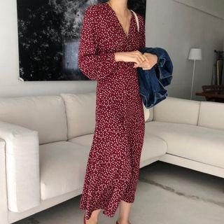 V-neck Long-sleeve Midi Chiffon Dress