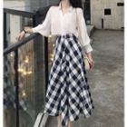 Long-sleeve Shirt / Gingham A-line Midi Skirt