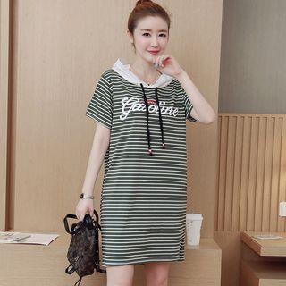 Lettering Striped Hooded Short-sleeve T-shirt Dress