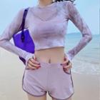Set: Long Sleeve Mesh Top + Contrast Trim Tankini + Shorts