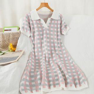 Short-sleeve Plaid Knit Polo Mini Dress Pink - One Size