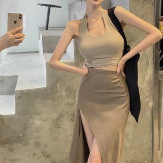 Halter Cropped Tank Top / Slit Midi Skirt