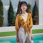 Elbow-sleeve V-neck Crop Top / Patterned Cropped Harem Pants