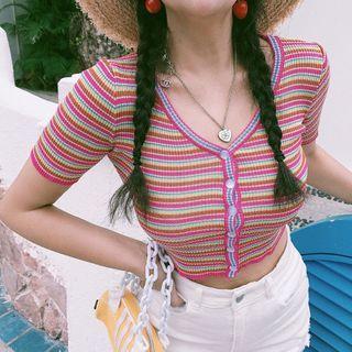 Short-sleeve Striped Buttoned Knit Crop Top Stripe - One Size