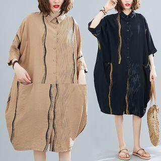 Printed Elbow-sleeve Midi Shirtdress