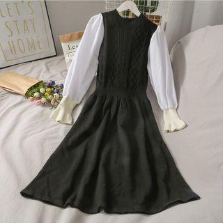 Color-block Striped Knit A-line Dress Black - One Size