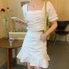 Ruched Short-sleeve Blouse / Ruffle Hem Mini A-line Skirt