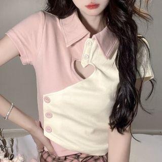 Short-sleeve Cutout Heart Two-tone Slim Fit Polo Shirt
