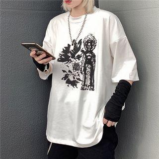 Print Elbow-sleeve T-shirt White - One Size