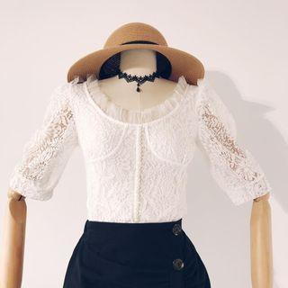 Elbow-sleeve Frill Trim Lace Blouse