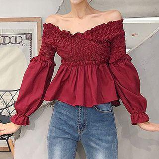Off-shoulder Long-sleeve Smocked Top Dark Red - One Size
