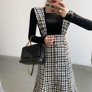 Long-sleeve Mock-neck Top / Houndstooth Midi Mermaid Suspender Skirt