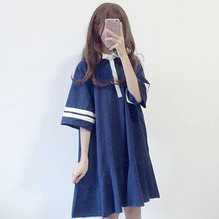 Elbow-sleeve Striped Panel Polo Dress