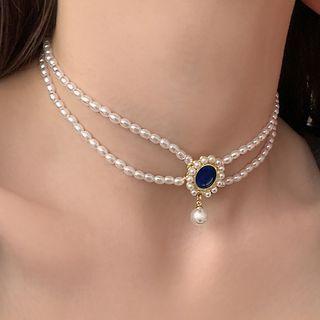 Faux Cat Eye Stone Pendant Layered Faux Pearl Choker 1pc - Gold & White - One Size