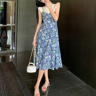Spaghetti-strap Floral Midi A-line Dress / Sleeveless Ruffle Trim Blouse