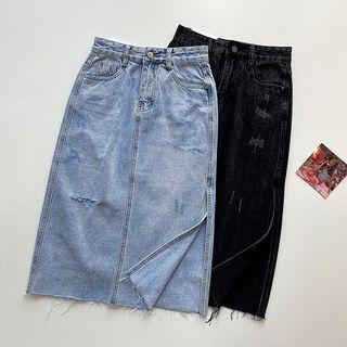 Distressed Asymmetrical High-waist A-line Skirt