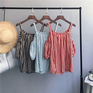 Short-sleeve Cold Shoulder Gingham Top