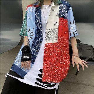 Couple Matching Elbow-sleeve Paisley Print Color Block Shirt