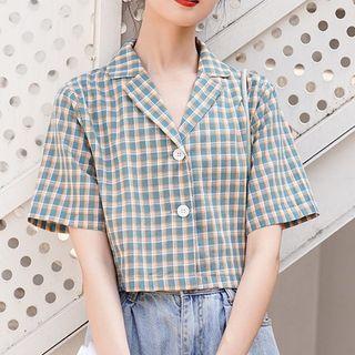 Short-sleeve Open-collar Plaid Shirt